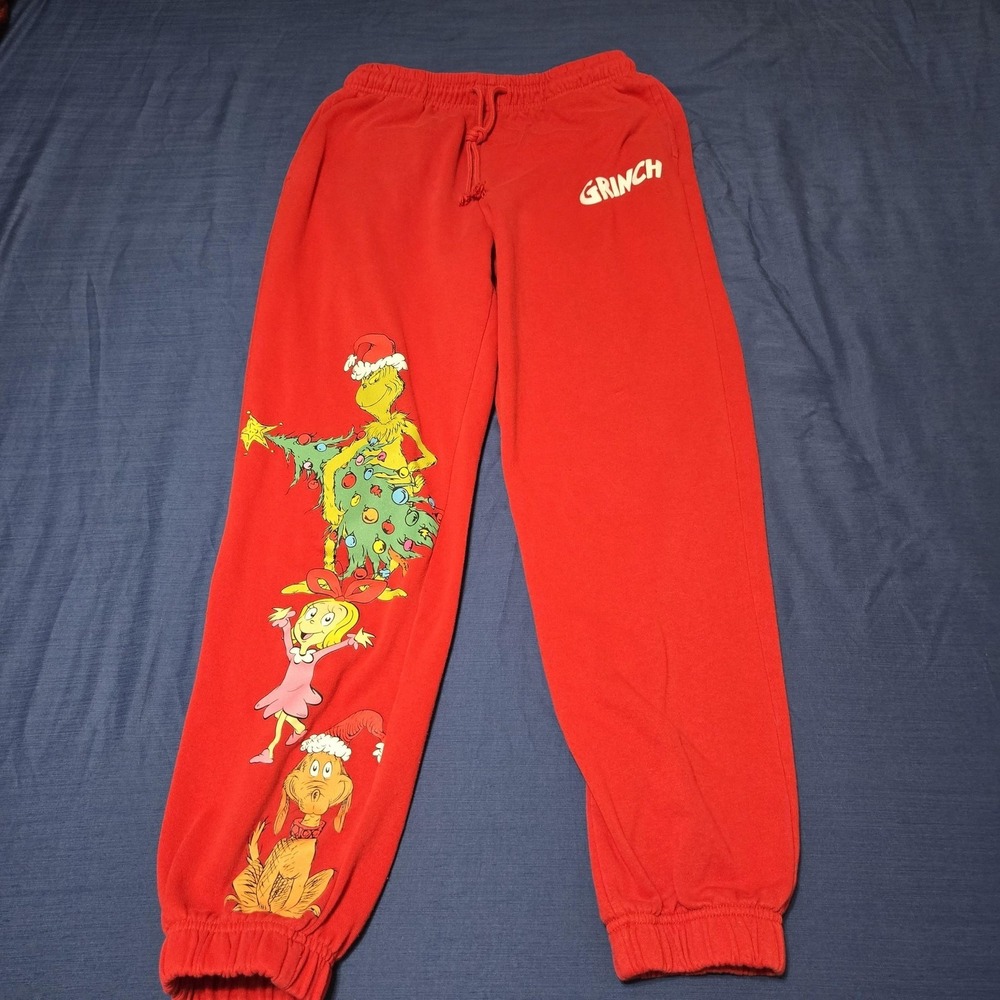 MAD Pants Womens Medium Red Grinch Sweatpants Christmas Cuffed Elastic Waist
